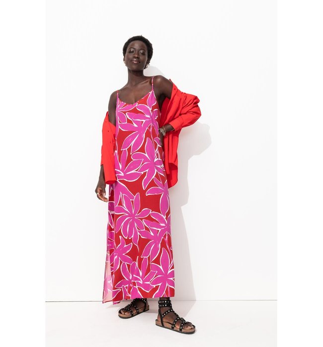 Robe Longue à Fines Bretelles - Rouge Imprime
