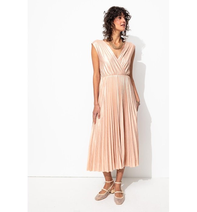 Robe Midi Plissée Lamée Femme - Rose Uni Colore