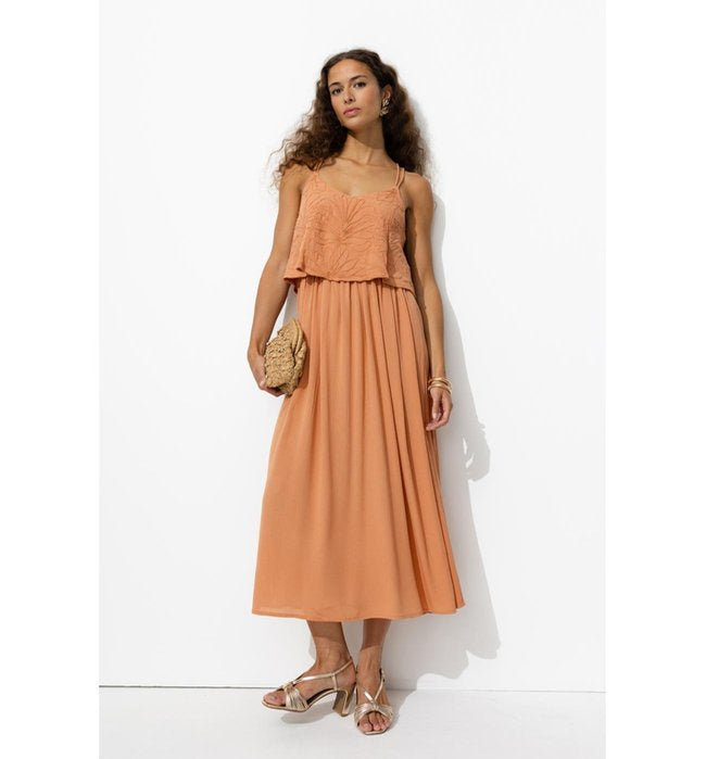 Robe Longue Brodée Femme - Marron Uni Fonce