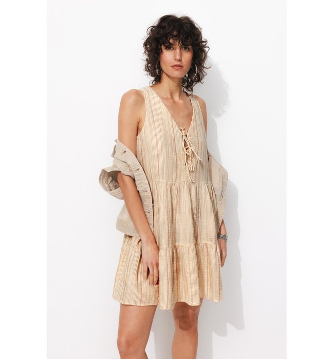Robe Rayé à Nouettes Femme - Naturel Raye