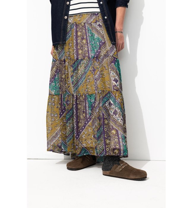 Longue Jupe Volantée Femme - Kaki Imprime