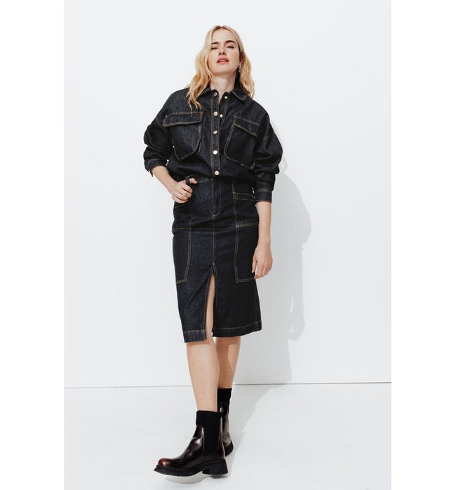 Jupe Midi en Jean Brut - Jeans Uni Fonce