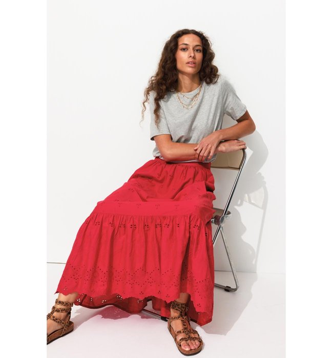 Jupe Longue Broderie Anglaise - Rouge Uni Colore