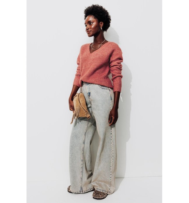 Pull Côtelé Col V Femme - Rose Uni Colore