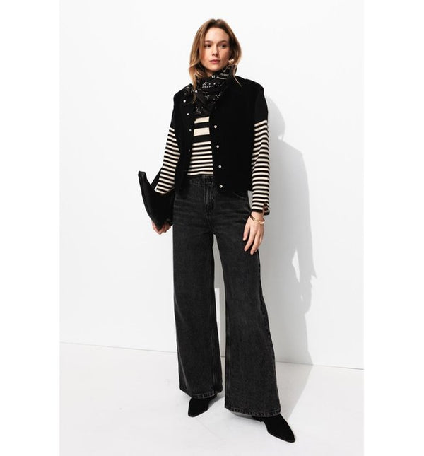 Pull Côtelé Marinière Femme - Noir Raye