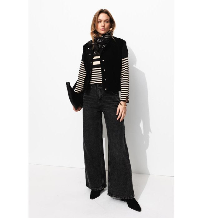 Pull Côtelé Marinière Femme - Noir Raye