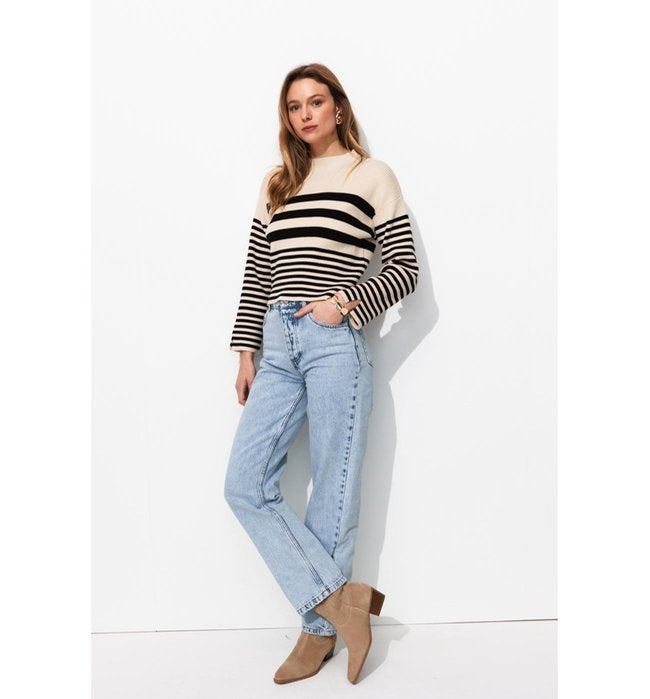 Pull Côtelé Marinière Femme - Naturel Raye