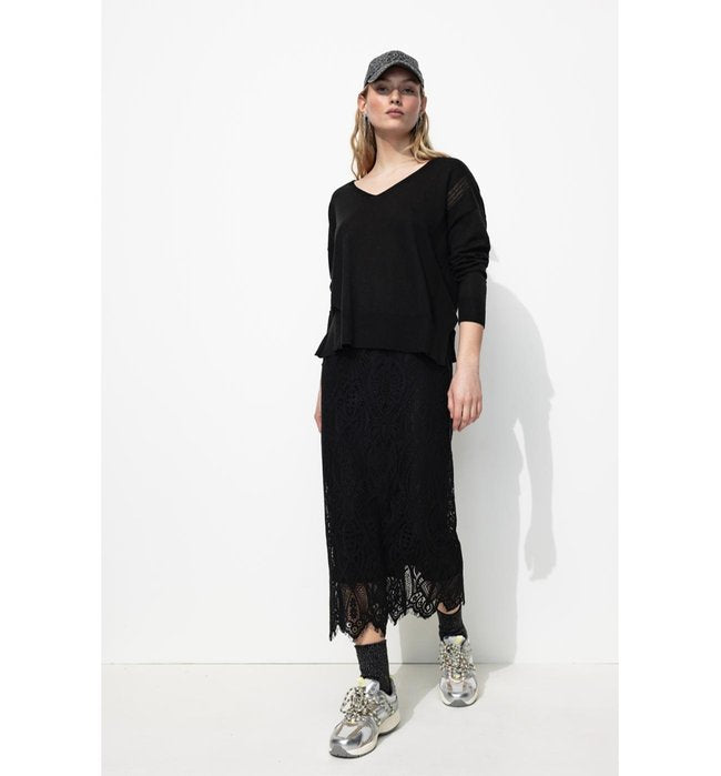 Pull Fin Ajouré Col V Femme - Noir Uni Fonce