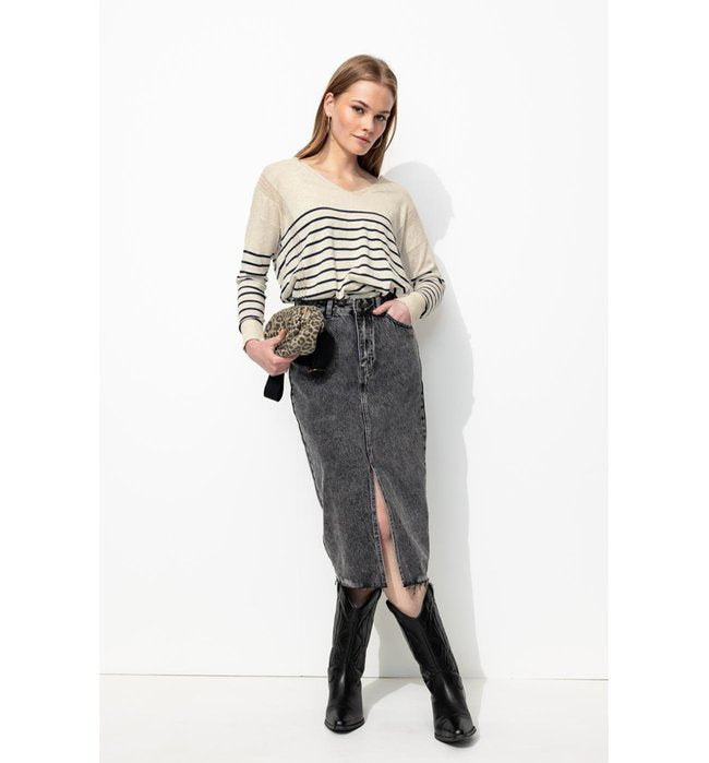 Pull Fin Ajouré Col V Femme - Bleu Raye