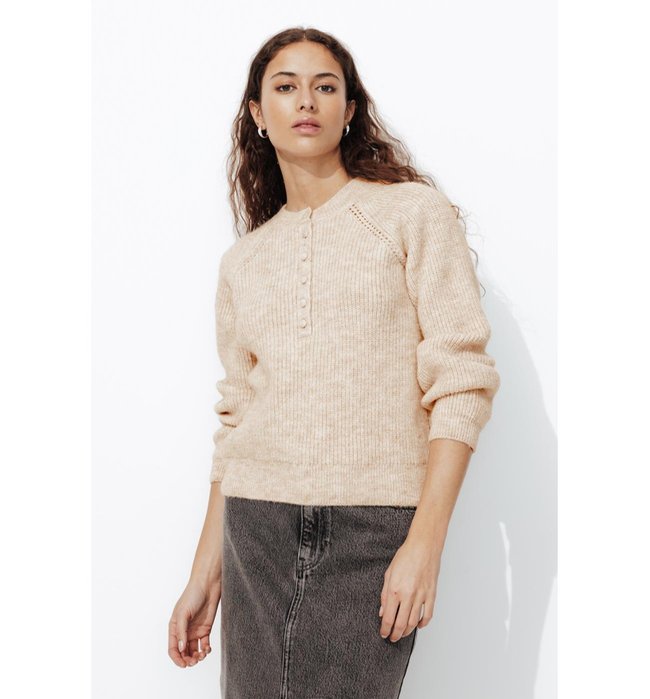 Pull Côtelé Boutonné Femme - Naturel Uni Clair