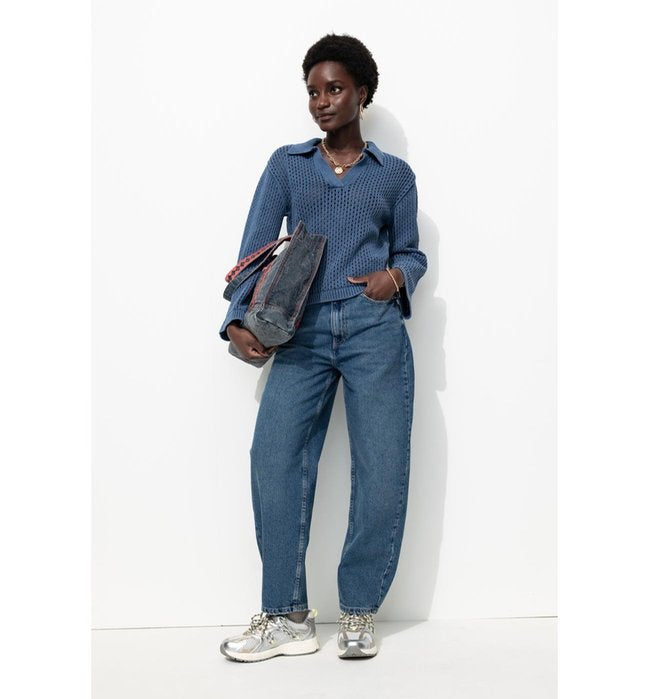Pull en Coton Col Polo Femme - Bleu Uni Fonce