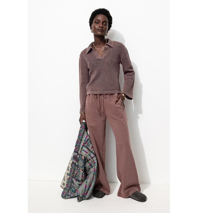 Pull en Coton Col Polo Femme - Violet Uni Colore