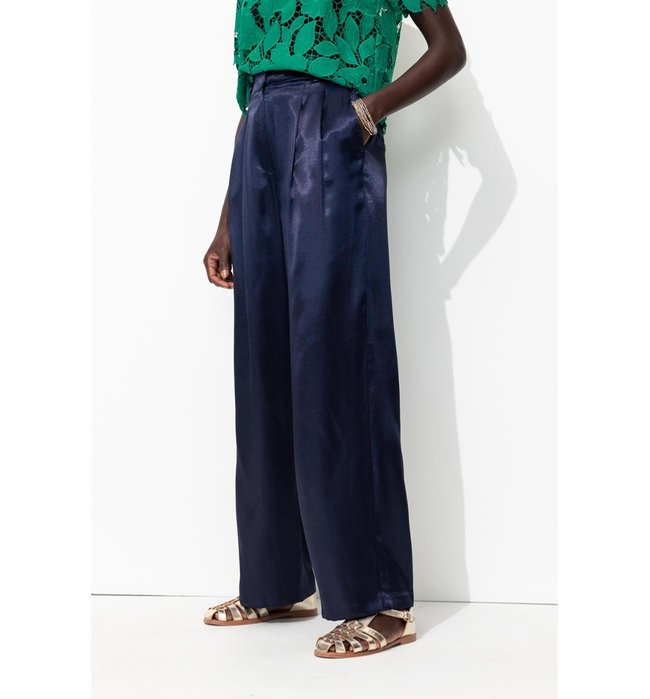 Billy Pantalon en Satin Femme - Bleu Uni Fonce