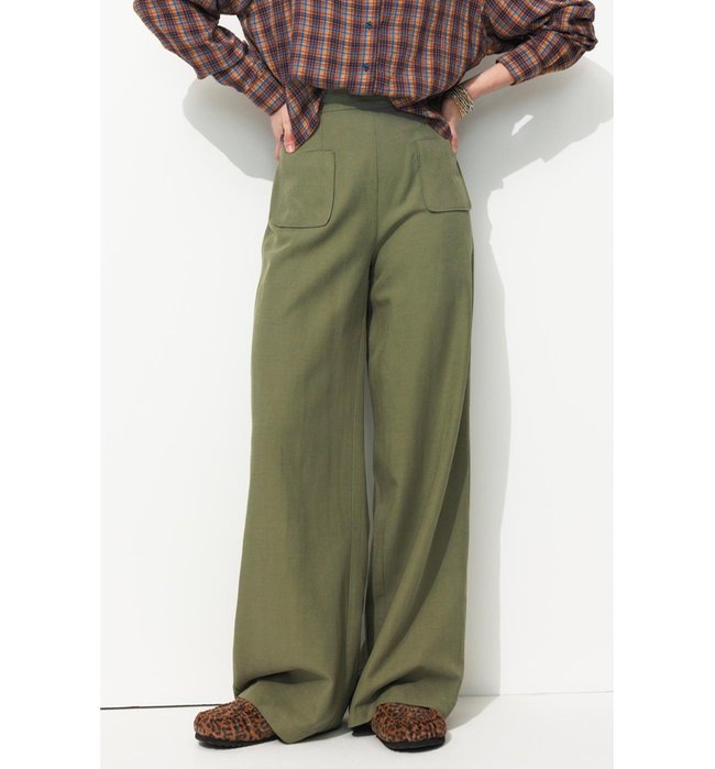 Pantalon Large et Fluide Femme - Kaki Uni Fonce
