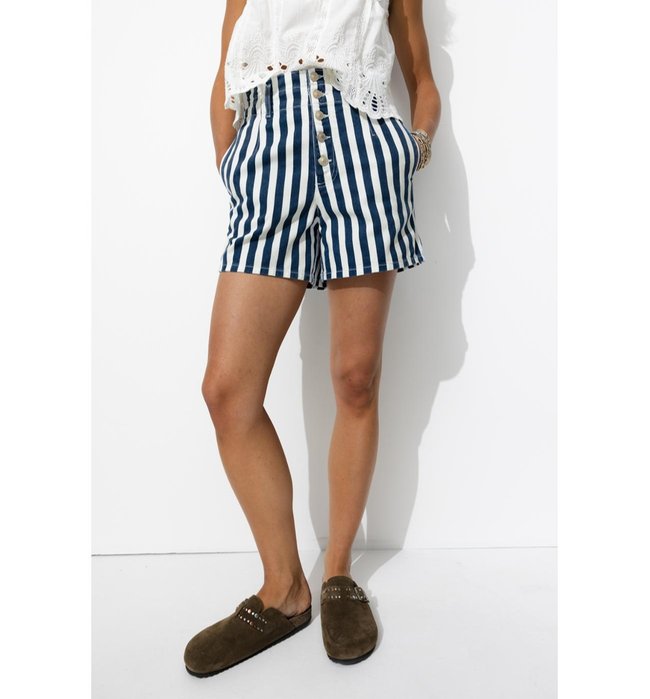 Short Rayé à Boutons Apparents - Bleu Raye