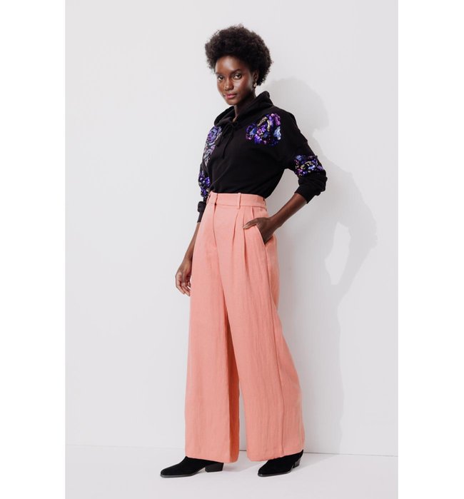 Pantalon de Tailleur Large - Rose Uni Colore