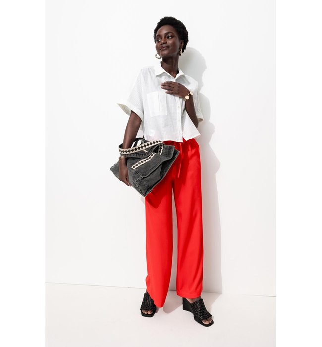 Pantalon Large Taille Haute - Rouge Uni Colore