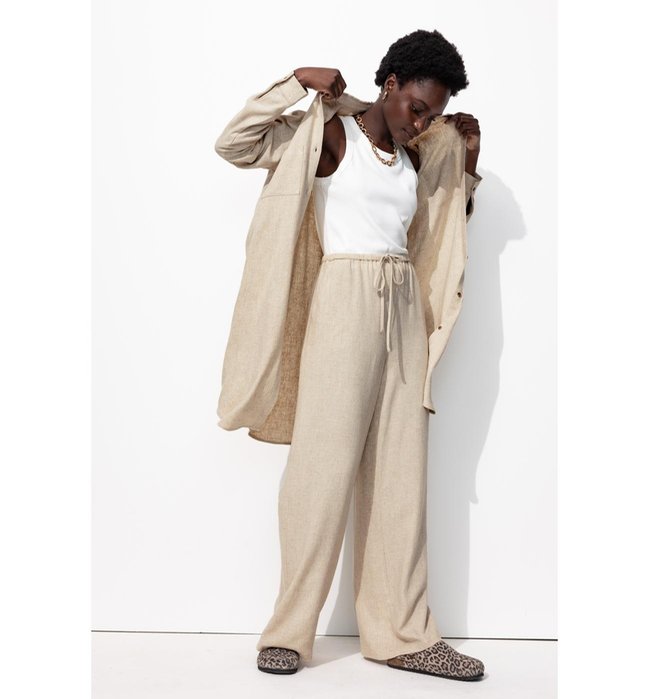 Pantalon Large Taille Haute - Naturel Uni Clair