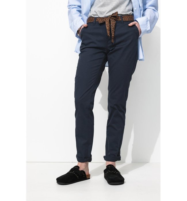 Pantalon Chino Ceinturé Femme - Bleu Uni Fonce