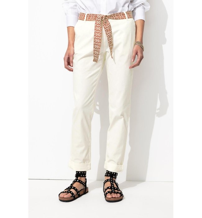 Pantalon Chino Ceinturé Femme - Blanc Uni Clair