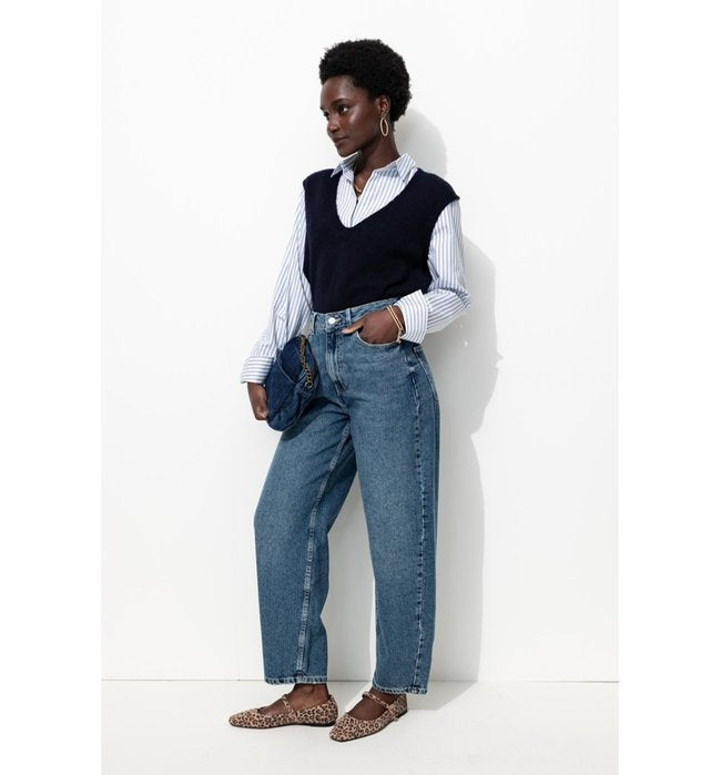 Jean Barrel Taille Haute - Jeans Uni Fonce
