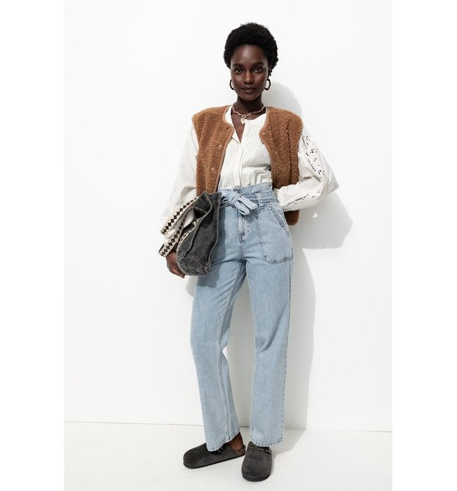 Jean Droit Taille Haute Femme - Jeans Uni Clair
