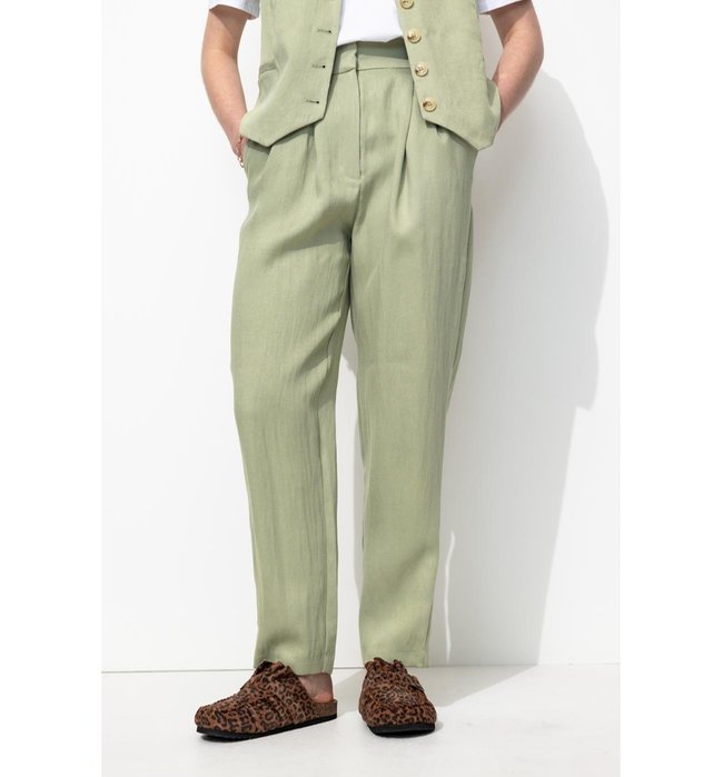 Pantalon à Pinces Taille Haute - Kaki Uni Clair