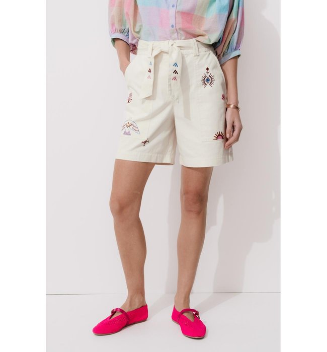 Short Brodé en Toile Sergé - Naturel Uni Clair