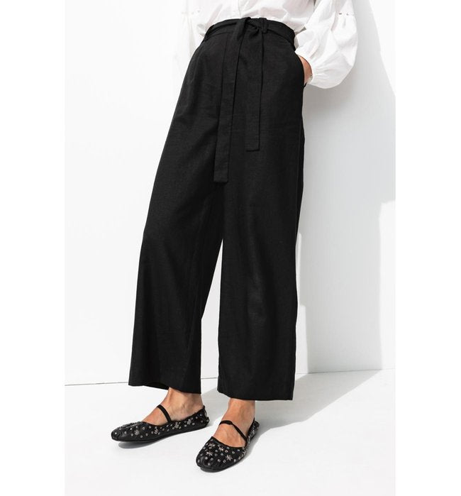 Pantalon Large en Lin Mélangé - Noir Uni Fonce