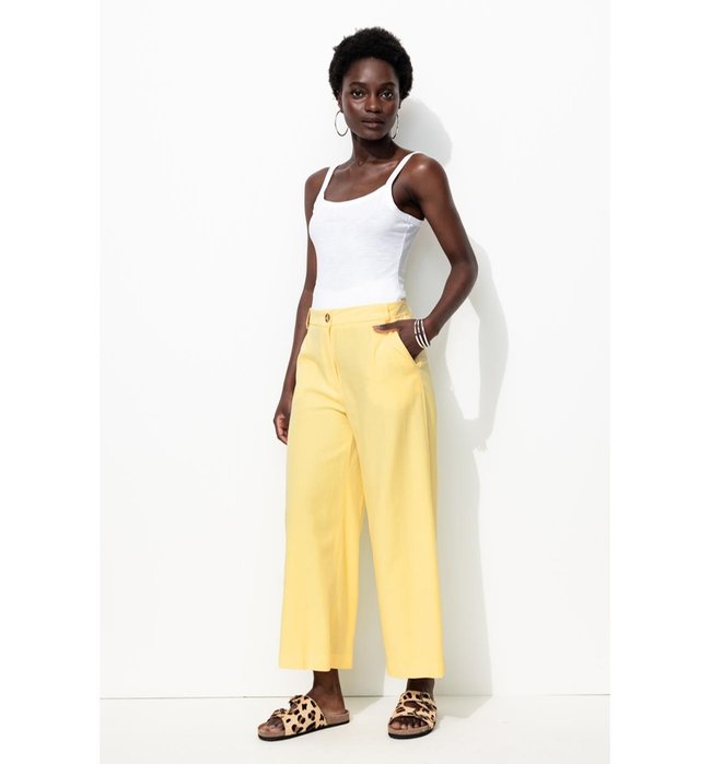 Pantalon Large Taille Haute - Jaune Uni Colore