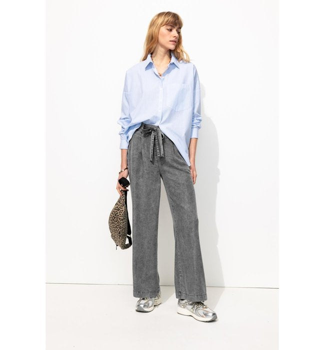 Pantalon Large Taille Haute - Gris Uni Fonce