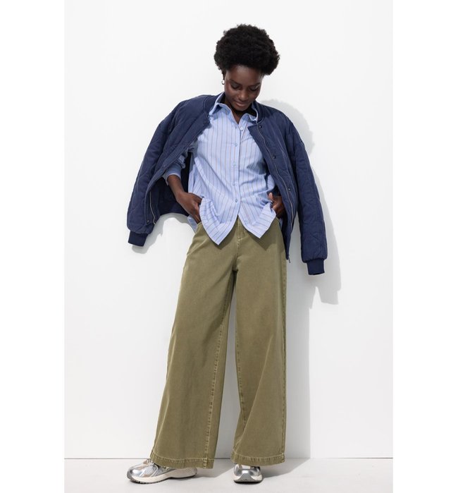Pantalon Large Taille Haute - Kaki Uni Fonce