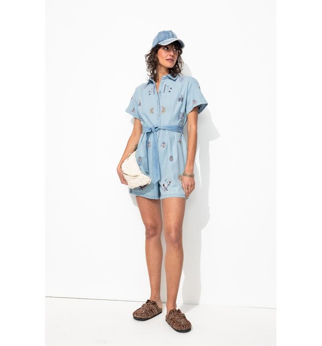 Combishort en Jean Brodé Femme - Jeans Uni Clair