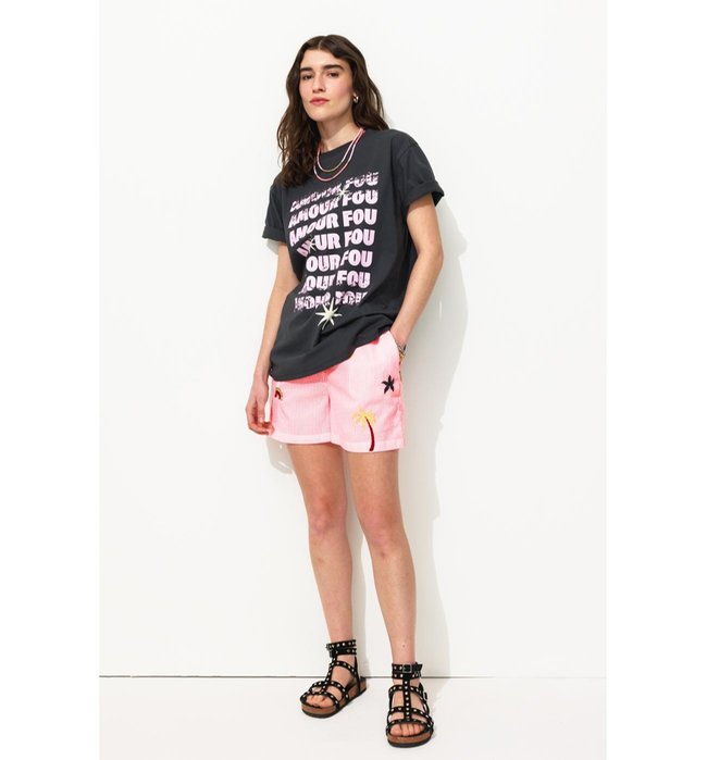 Short Rayé Brodé Femme - Rose Raye