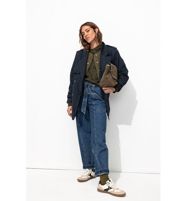Trench Court Ceinturé Femme - Bleu Uni Fonce