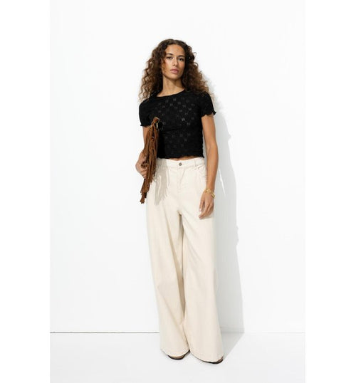 Top Court Ajouré Brodé Femme - Noir Uni Fonce