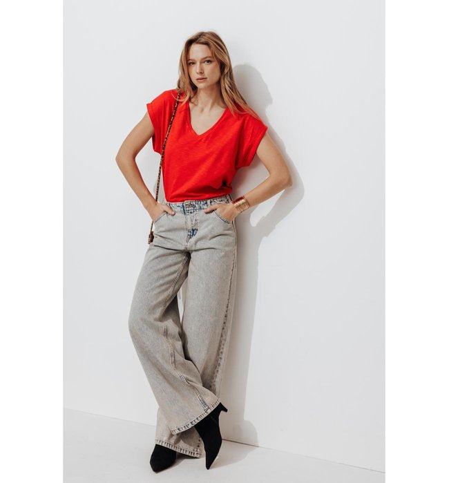 T-shirt Détail Brodé Dos - Rouge Uni Colore