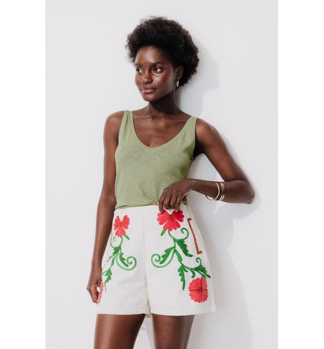 Débardeur Col V en Coton Femme - Kaki Uni Clair