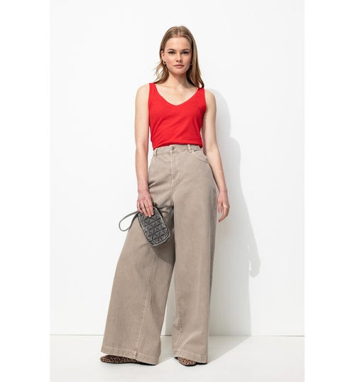 Débardeur Col V en Coton Femme - Rouge Uni Colore
