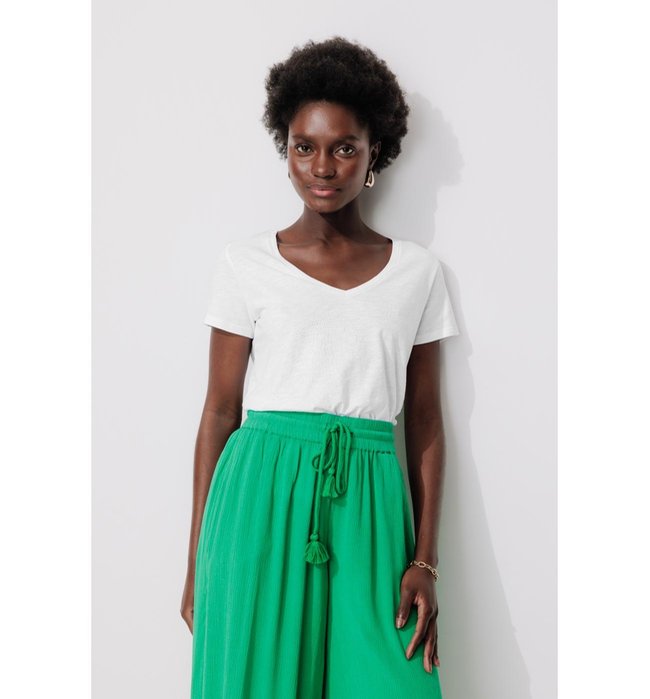 T-shirt Col V en Coton Femme - Blanc Uni Clair