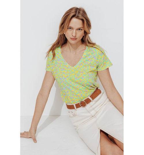 T-shirt Col V en Coton Femme - Multicolore Imprime