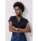 T-shirt Col Tunisien Femme - Bleu Uni Fonce