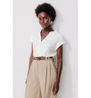 T-shirt Col Tunisien Femme - Blanc Uni Clair