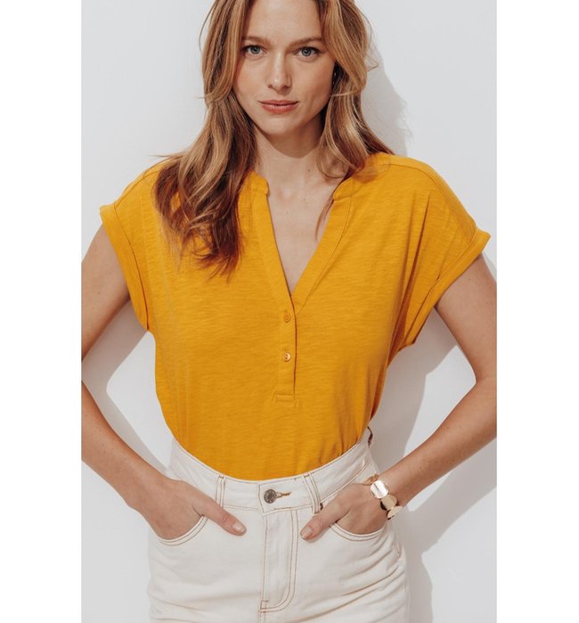 T-shirt Col Tunisien Femme - Jaune Uni Colore
