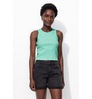 Crop Top Côtelé Femme - Bleu Uni Colore