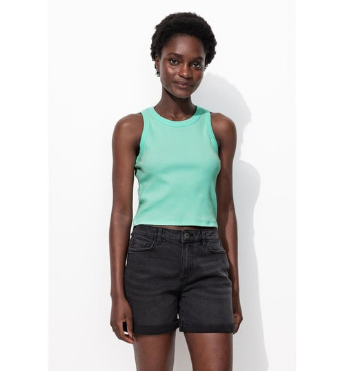 Crop Top Côtelé Femme - Bleu Uni Colore