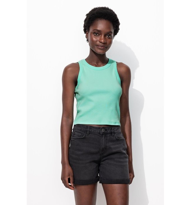 Crop Top Côtelé Femme - Bleu Uni Colore