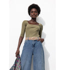 T-shirt Col Carré Femme - Kaki Uni Fonce