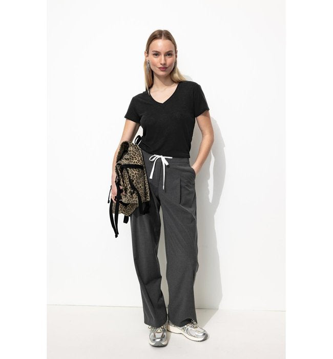 T-shirt en Lin Mélangé Femme - Noir Uni Fonce