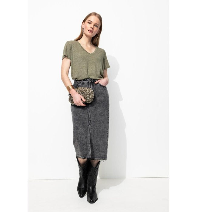 T-shirt en Lin Mélangé Femme - Kaki Uni Clair